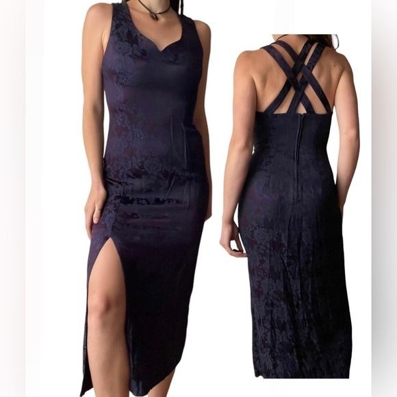 Vintage Dresses & Skirts - Vintage Purple Satin Criss Cross Back Midi V-Neck Floral Dress Leg Slit M, 6/8
